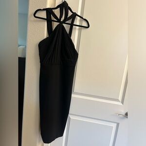 Black halter midi dress.